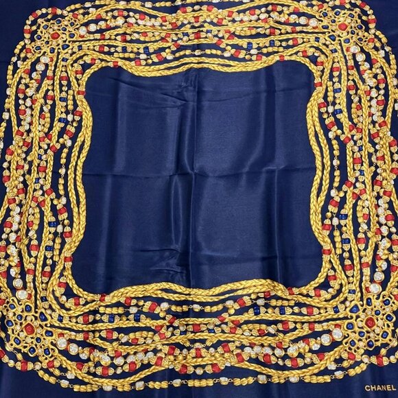 Auth CHANEL Navy Gold Red Silk Scarf - Picture 3 of 4